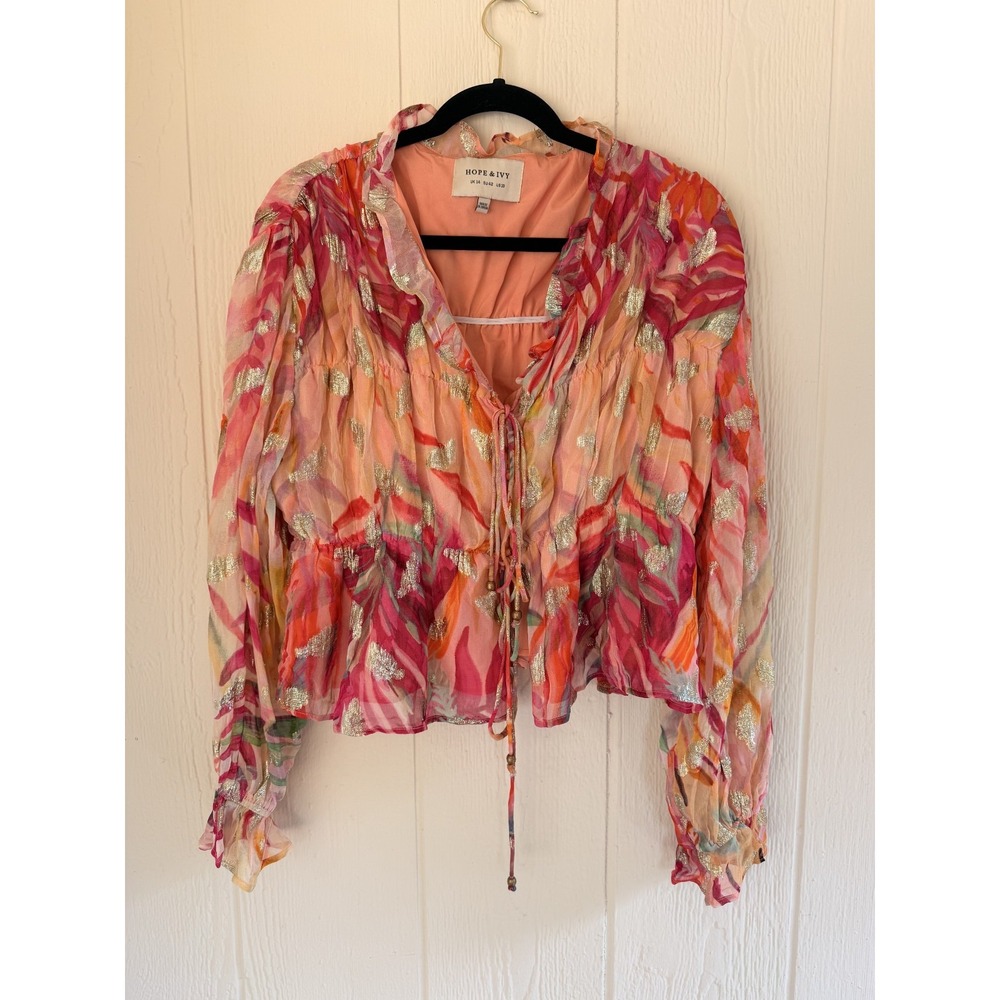 Hope & Ivy Deroda Top Boho Pink and Orange Tie Front Balloon Sleeve US10/UK14